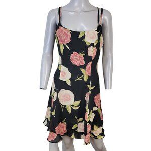 Vintage 90s Floral Mini Dress Medium 10 Petite Black Pink Shift Formal Party Fun